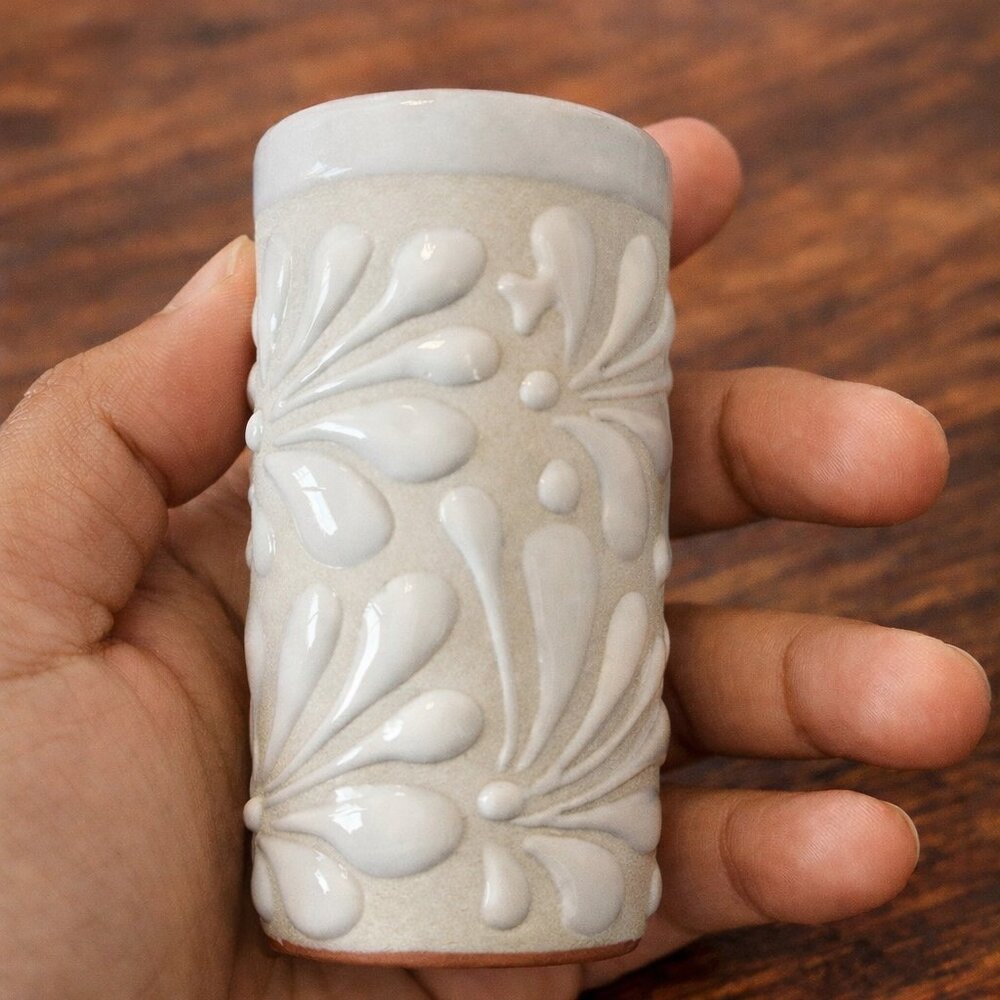 Handmade Mexican Talavera Style Ceramic Shot Glass – White